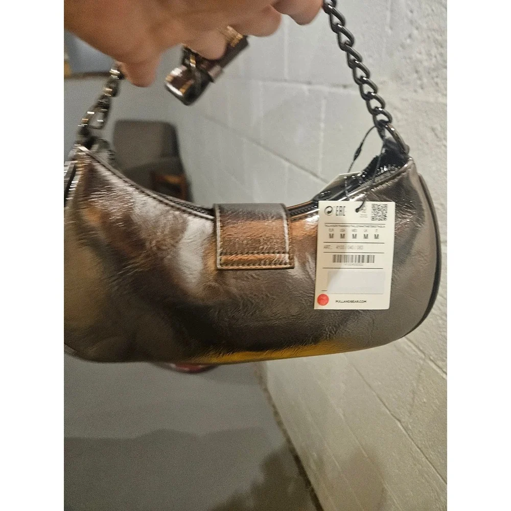 Pull&Bear Metallic Pewter Buckle Shoulder Bag Y2K Chain Strap Hobo 4100/040/083